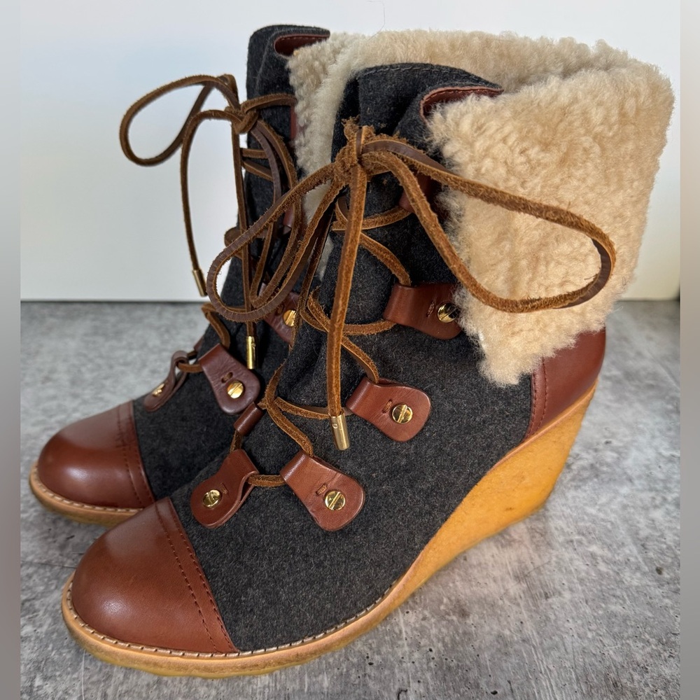 Tory Burch Marley Flannel Wedge Boots gray size 7.5